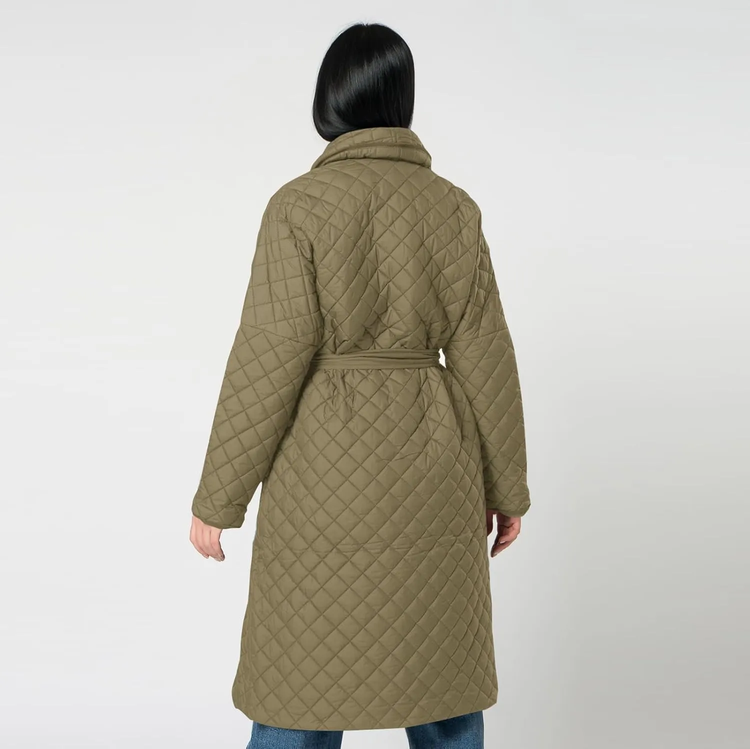 lcziwo Women's Oversized Quilted Coat Diamond Plaid Wrap Waist Puffer Jacket Winter Warm Casual Long down Coat with Belt