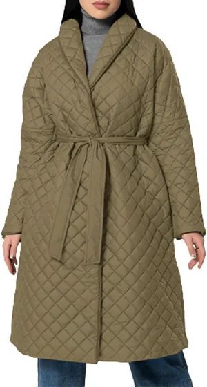 lcziwo Women's Oversized Quilted Coat Diamond Plaid Wrap Waist Puffer Jacket Winter Warm Casual Long down Coat with Belt