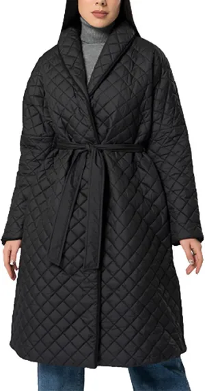 lcziwo Women's Oversized Quilted Coat Diamond Plaid Wrap Waist Puffer Jacket Winter Warm Casual Long down Coat with Belt