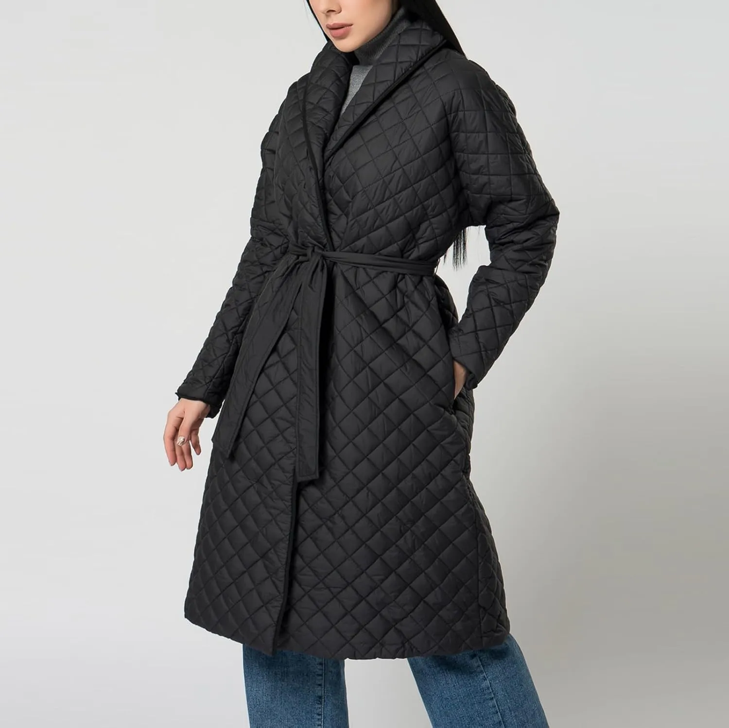 lcziwo Women's Oversized Quilted Coat Diamond Plaid Wrap Waist Puffer Jacket Winter Warm Casual Long down Coat with Belt