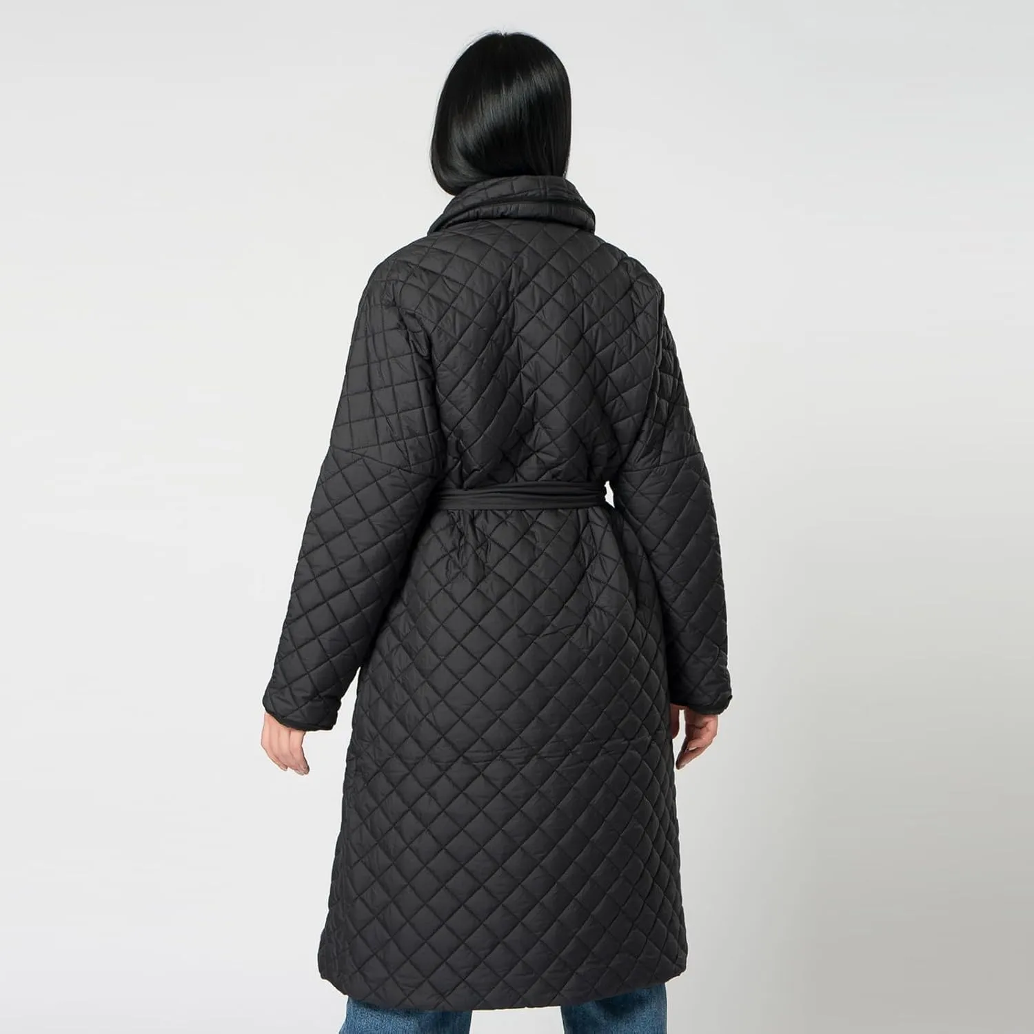lcziwo Women's Oversized Quilted Coat Diamond Plaid Wrap Waist Puffer Jacket Winter Warm Casual Long down Coat with Belt
