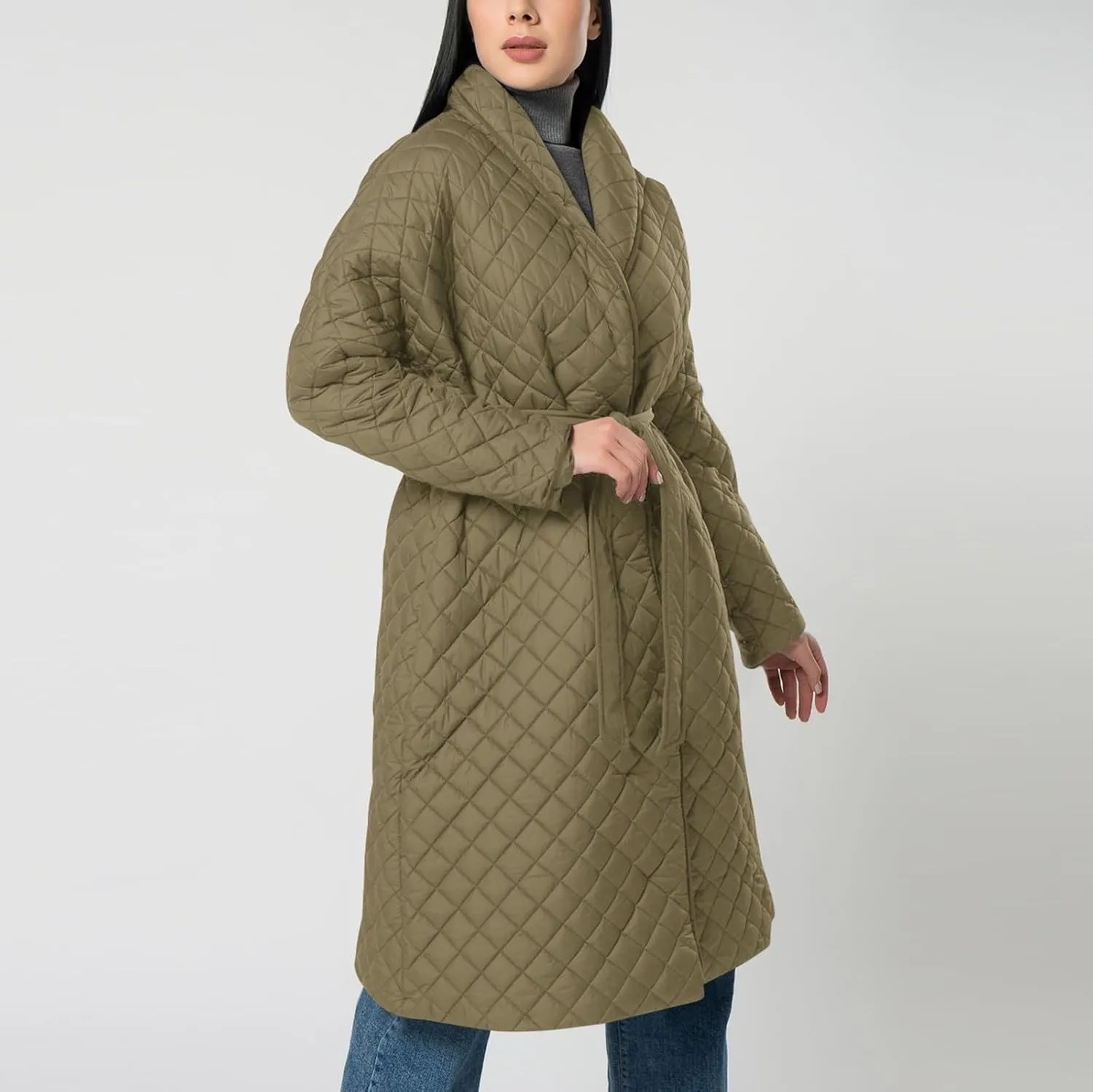 lcziwo Women's Oversized Quilted Coat Diamond Plaid Wrap Waist Puffer Jacket Winter Warm Casual Long down Coat with Belt