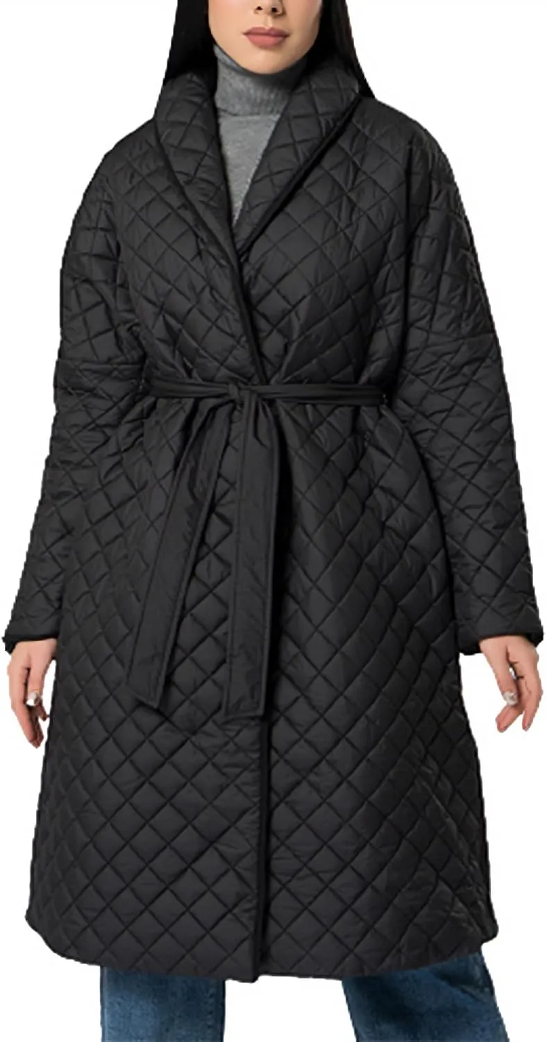 lcziwo Women's Oversized Quilted Coat Diamond Plaid Wrap Waist Puffer Jacket Winter Warm Casual Long down Coat with Belt