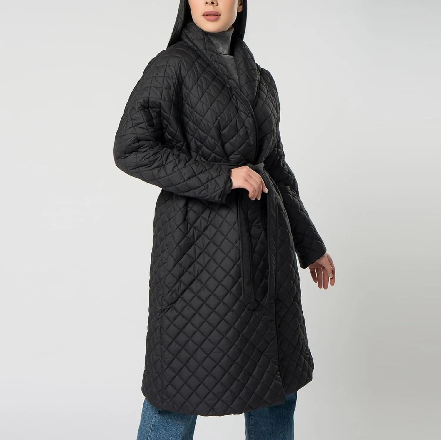 lcziwo Women's Oversized Quilted Coat Diamond Plaid Wrap Waist Puffer Jacket Winter Warm Casual Long down Coat with Belt