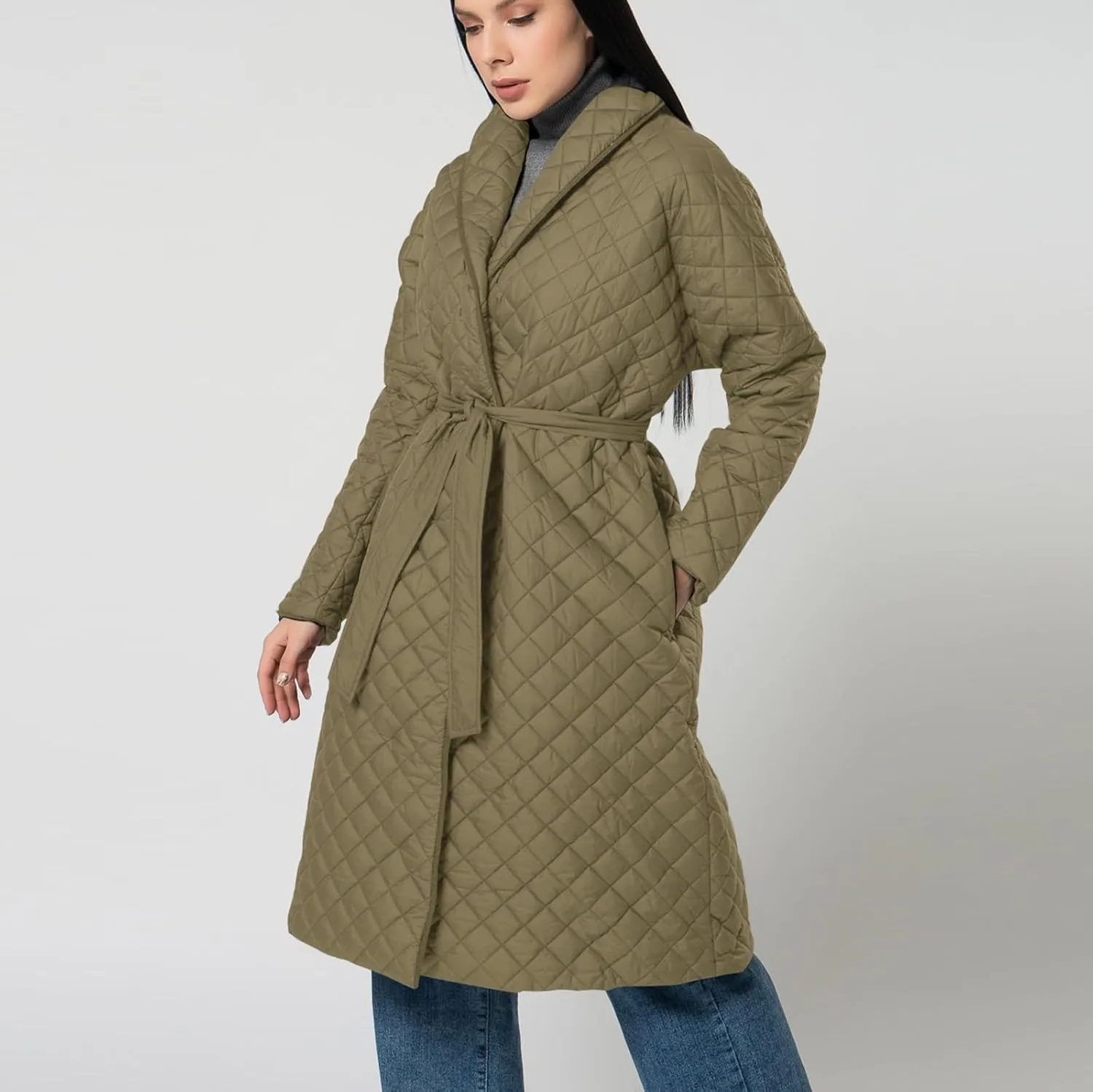lcziwo Women's Oversized Quilted Coat Diamond Plaid Wrap Waist Puffer Jacket Winter Warm Casual Long down Coat with Belt