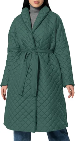 lcziwo Women's Oversized Quilted Coat Diamond Plaid Wrap Waist Puffer Jacket Winter Warm Casual Long down Coat with Belt