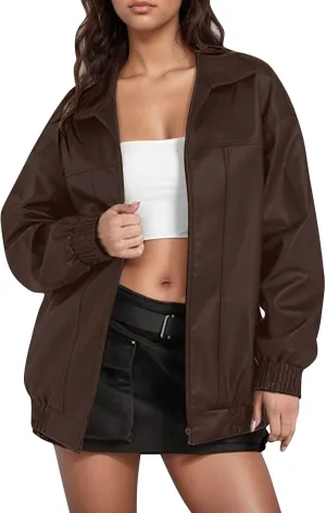 Leather Jackets for Women Long Sleeve Lapel Full Zip Lightweight Jacket Loose Fit Casual Windbreaker Athletic Jacket