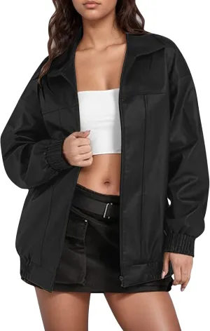 Leather Jackets for Women Long Sleeve Lapel Full Zip Lightweight Jacket Loose Fit Casual Windbreaker Athletic Jacket