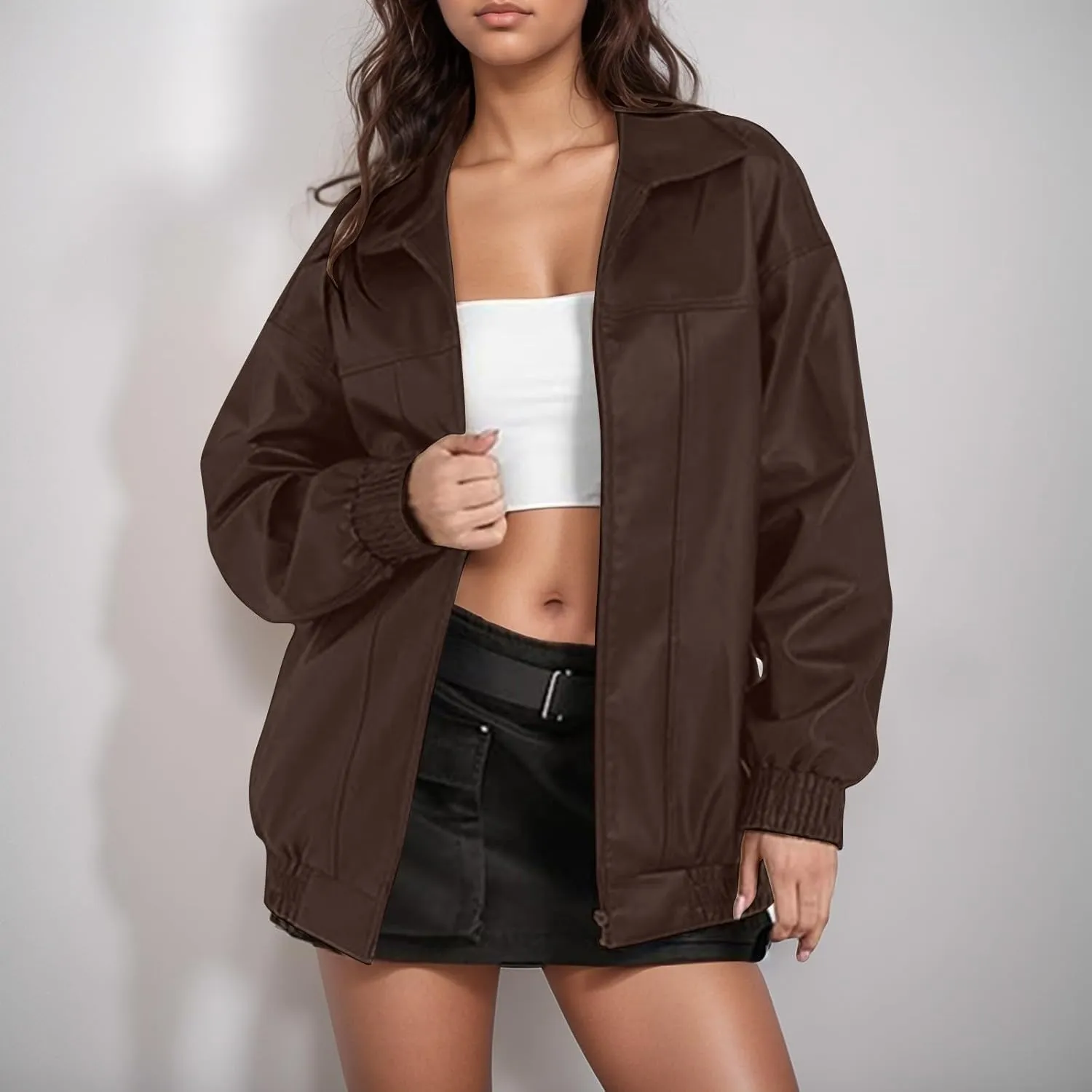 Leather Jackets for Women Long Sleeve Lapel Full Zip Lightweight Jacket Loose Fit Casual Windbreaker Athletic Jacket