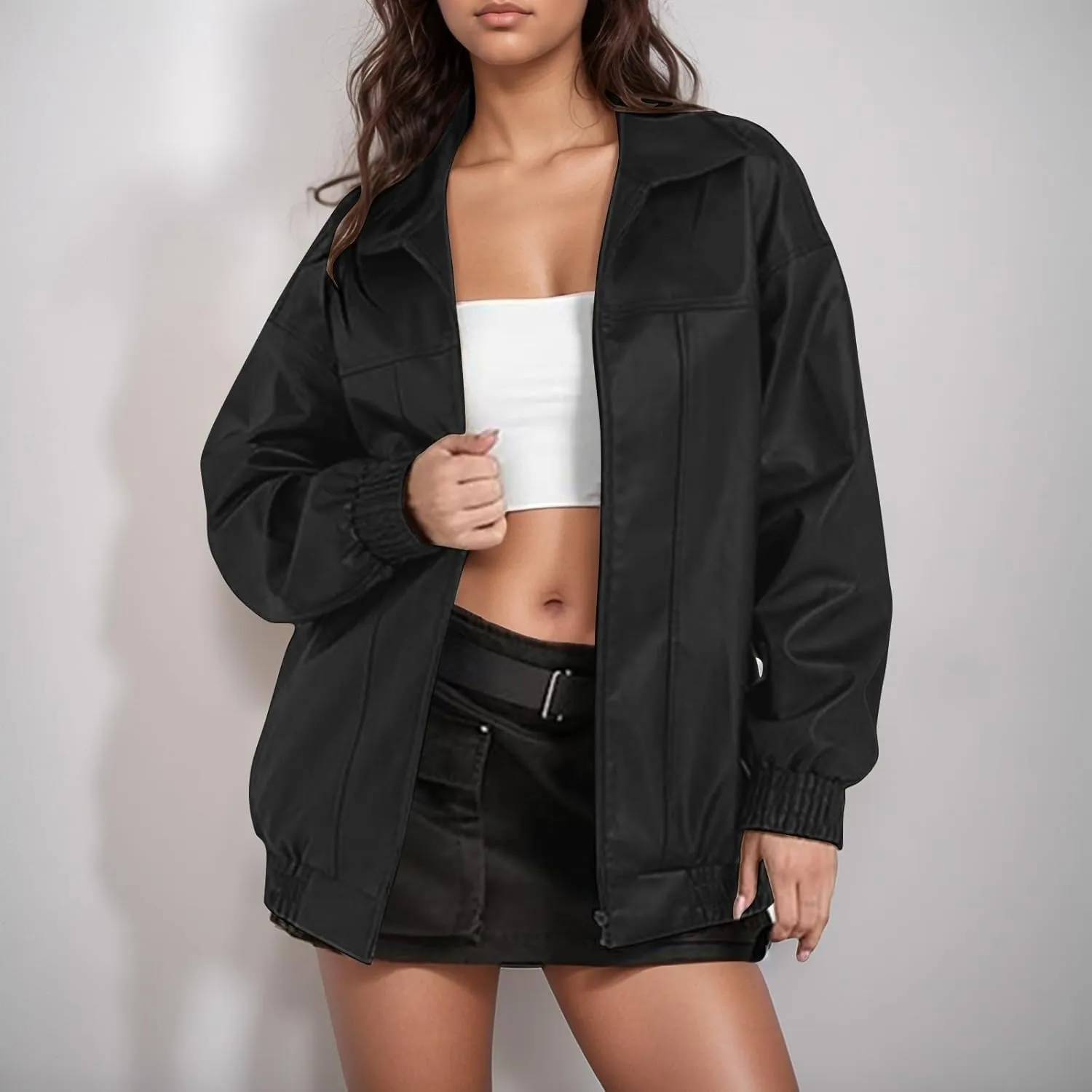 Leather Jackets for Women Long Sleeve Lapel Full Zip Lightweight Jacket Loose Fit Casual Windbreaker Athletic Jacket