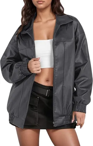 Leather Jackets for Women Long Sleeve Lapel Full Zip Lightweight Jacket Loose Fit Casual Windbreaker Athletic Jacket