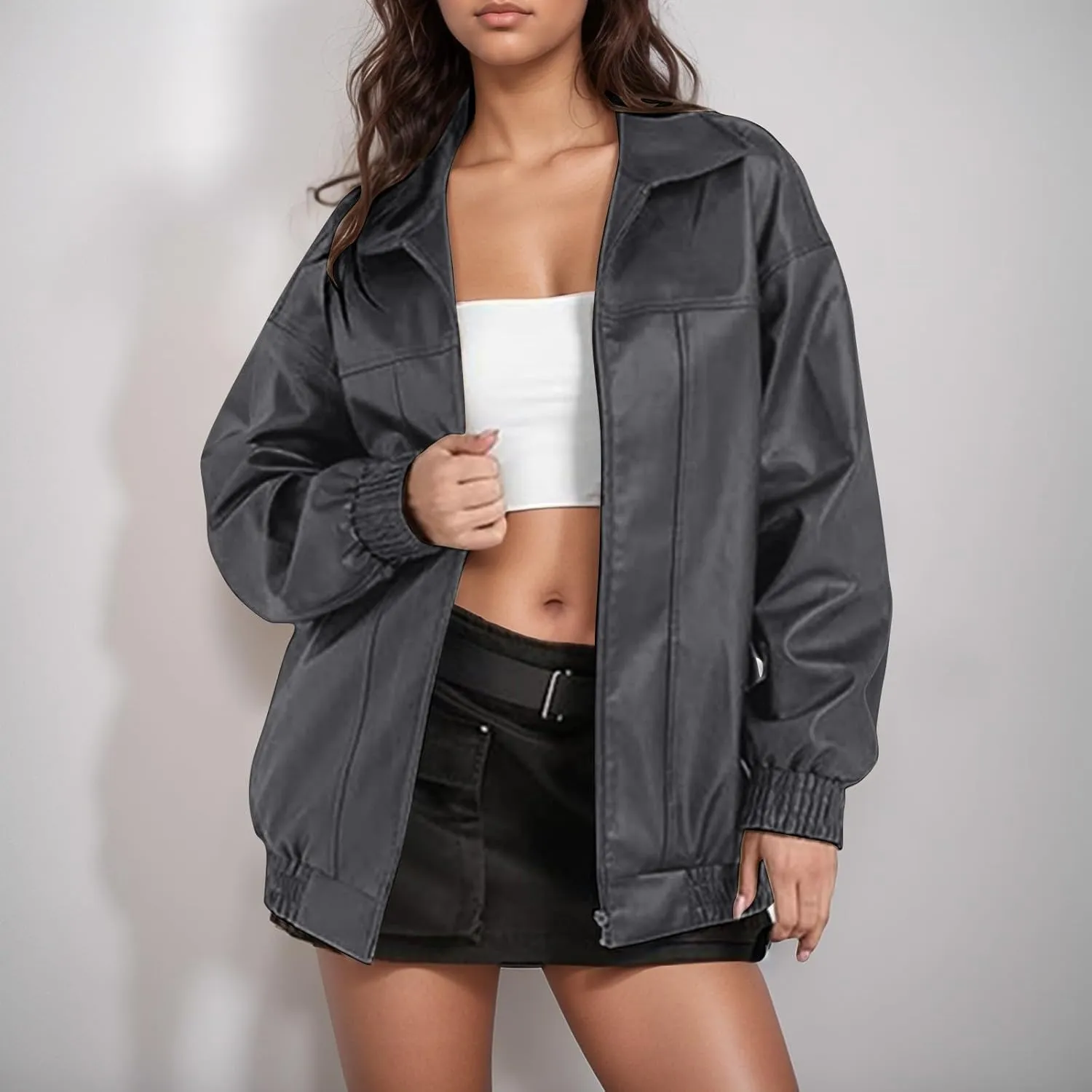 Leather Jackets for Women Long Sleeve Lapel Full Zip Lightweight Jacket Loose Fit Casual Windbreaker Athletic Jacket