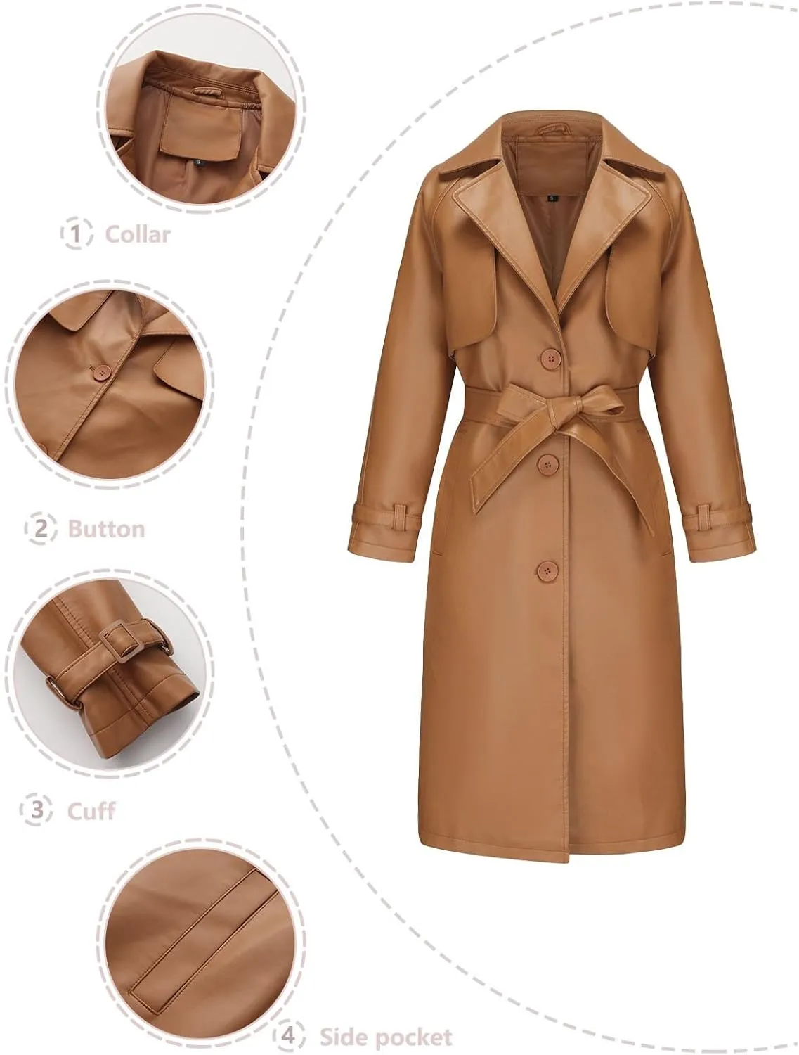 Leather Trench Coat Women Plus Size Single Breasted Pea Coats Notch Collar Long Coats 2024 Winter Jackets with Belt