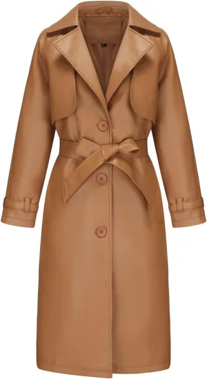 Leather Trench Coat Women Plus Size Single Breasted Pea Coats Notch Collar Long Coats 2024 Winter Jackets with Belt