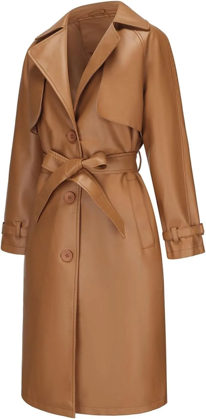 Leather Trench Coat Women Plus Size Single Breasted Pea Coats Notch Collar Long Coats 2024 Winter Jackets with Belt