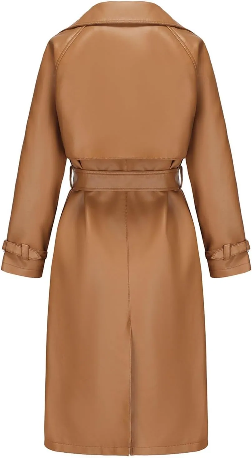 Leather Trench Coat Women Plus Size Single Breasted Pea Coats Notch Collar Long Coats 2024 Winter Jackets with Belt