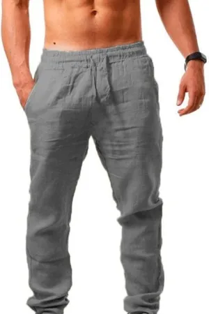 Linen Pants Men Casual Elastic Waist Pants Lightweight Summer Beach Pants Drawstring Trousers Lounge Yoga Pants