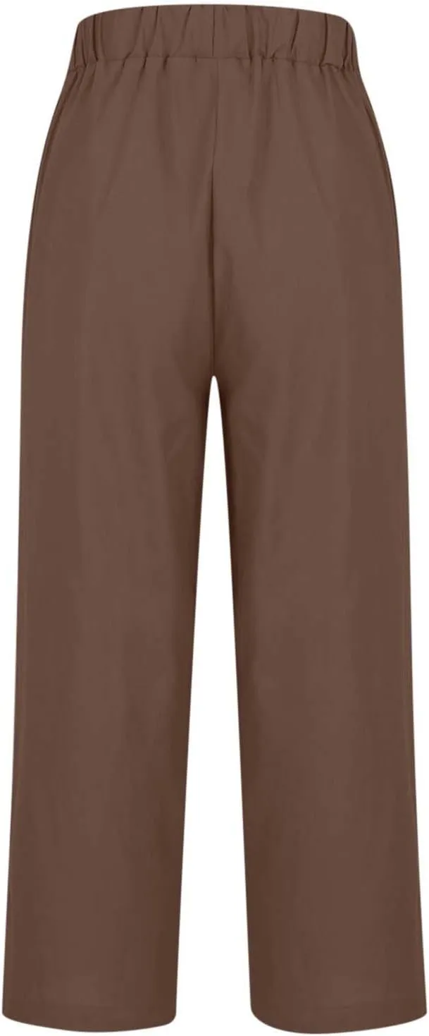 Linen Pants Women Capri Pants Elastic Waist Drawstring Pants Summer Beach Pants Crop Pants Plus Size Trousers Pockets