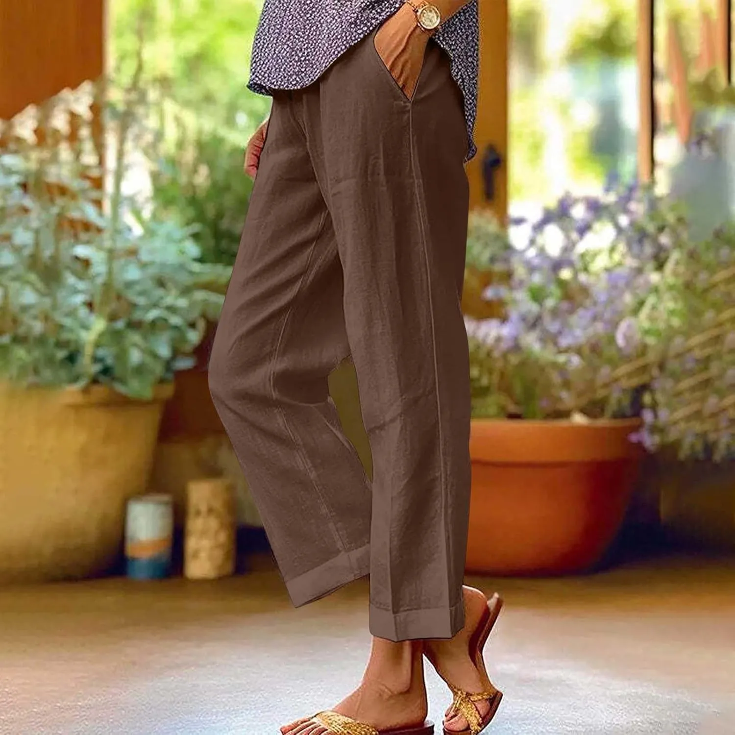 Linen Pants Women Capri Pants Elastic Waist Drawstring Pants Summer Beach Pants Crop Pants Plus Size Trousers Pockets