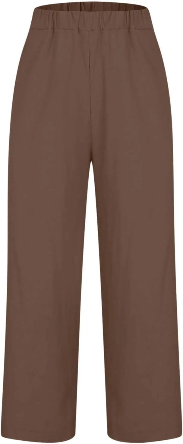Linen Pants Women Capri Pants Elastic Waist Drawstring Pants Summer Beach Pants Crop Pants Plus Size Trousers Pockets