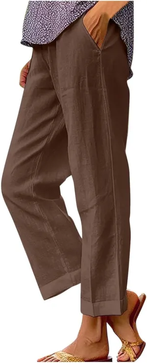 Linen Pants Women Capri Pants Elastic Waist Drawstring Pants Summer Beach Pants Crop Pants Plus Size Trousers Pockets