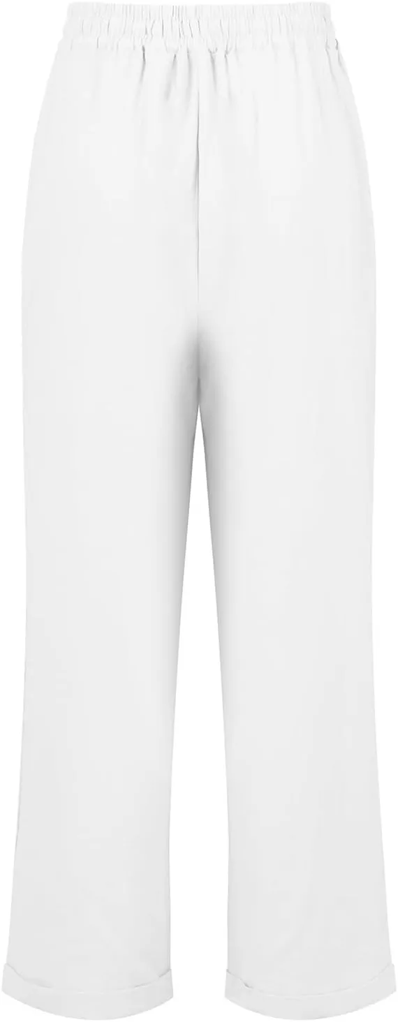 Linen Pants Women Comfy Elastic Waist Drawstring Cotton Pants Lightweight Tapered Lounge Vacation Beach Pants
