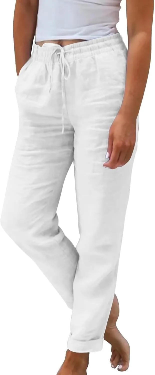 Linen Pants Women Comfy Elastic Waist Drawstring Cotton Pants Lightweight Tapered Lounge Vacation Beach Pants
