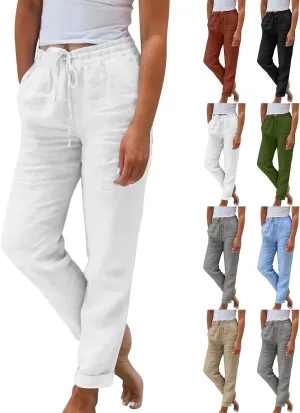 Linen Pants Women Comfy Elastic Waist Drawstring Cotton Pants Lightweight Tapered Lounge Vacation Beach Pants