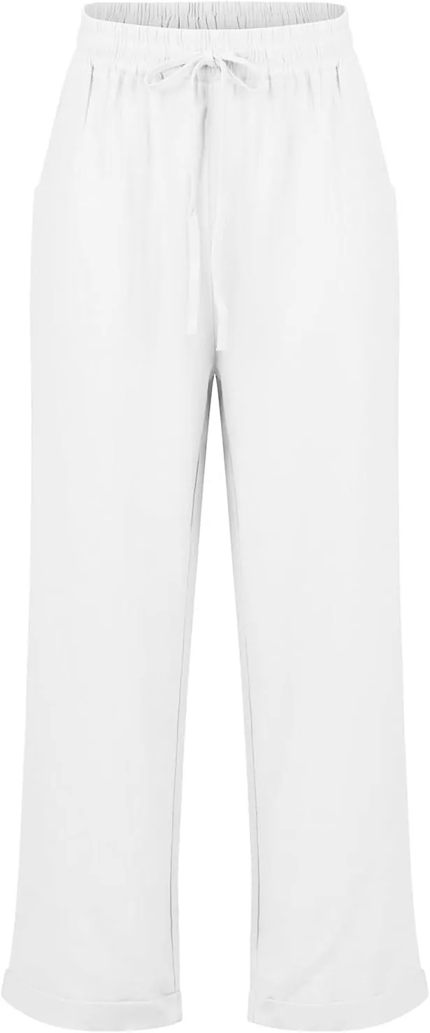 Linen Pants Women Comfy Elastic Waist Drawstring Cotton Pants Lightweight Tapered Lounge Vacation Beach Pants