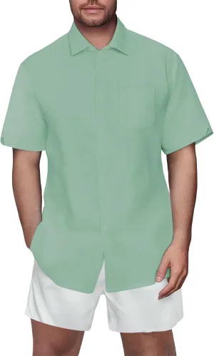 Linen Shirts for Men Slim Fit Short Sleeve Button Down Dress Shirts Wrinkle Free Casual Vacation Beach Summer Tops