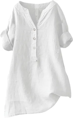 Linen Shirts for Women Button Down V Neck Boho Tees Short Sleeve Loose Fit Beach Tops Plus Size Casual Work Blouses