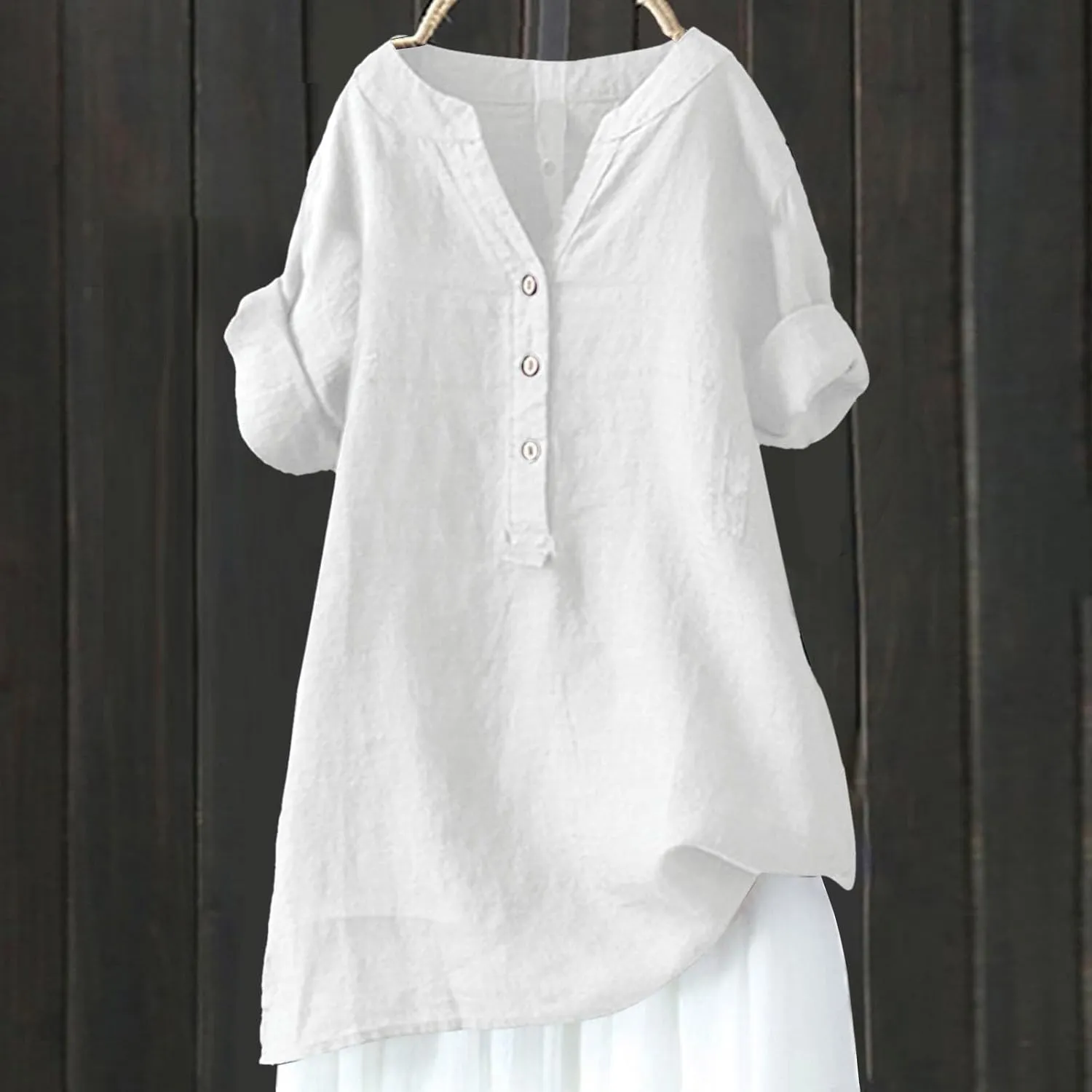 Linen Shirts for Women Button Down V Neck Boho Tees Short Sleeve Loose Fit Beach Tops Plus Size Casual Work Blouses