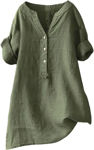 Linen Shirts for Women Button Down V Neck Boho Tees Short Sleeve Loose Fit Beach Tops Plus Size Casual Work Blouses