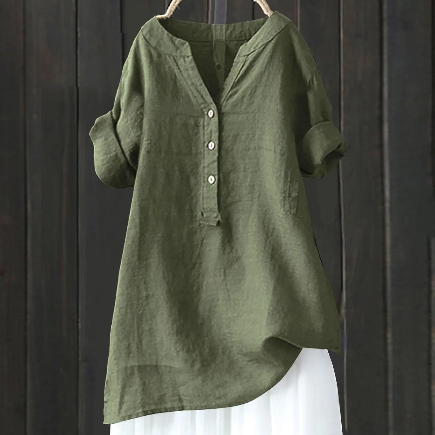 Linen Shirts for Women Button Down V Neck Boho Tees Short Sleeve Loose Fit Beach Tops Plus Size Casual Work Blouses