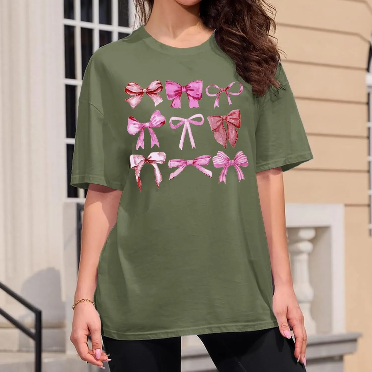 Linen Shirts for Women Summer Loose Fit Crewneck Funny Bow Print Short Sleeve T Shirt Fitness Tunic Top Trendy Blouse
