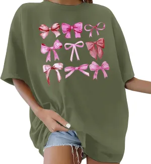 Linen Shirts for Women Summer Loose Fit Crewneck Funny Bow Print Short Sleeve T Shirt Fitness Tunic Top Trendy Blouse