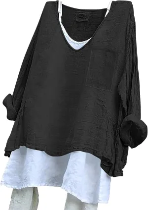 Linen Shirts for Women V Neck Long Rolled Sleeve Office Work Tops Casual Boho Vintage Vacation Tees Shirt Blouse