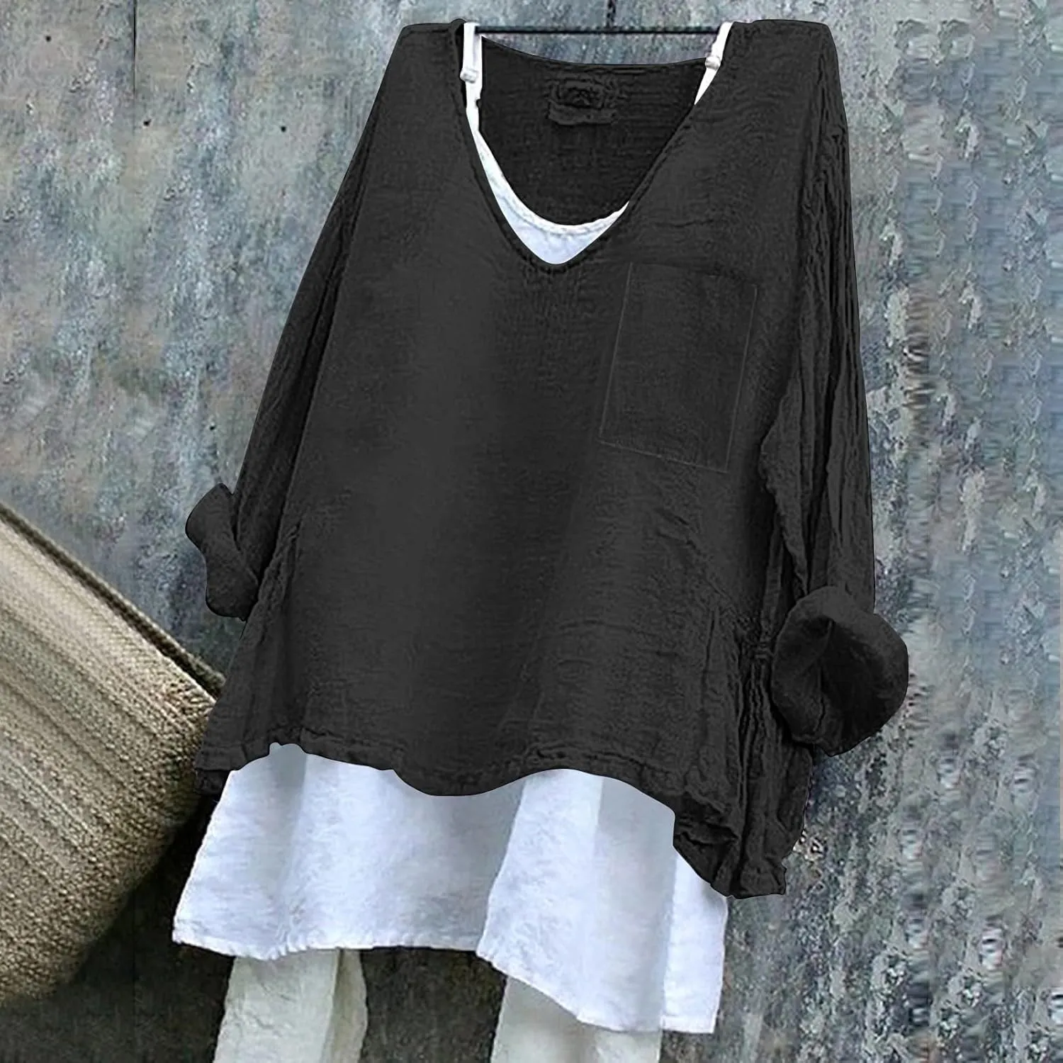Linen Shirts for Women V Neck Long Rolled Sleeve Office Work Tops Casual Boho Vintage Vacation Tees Shirt Blouse