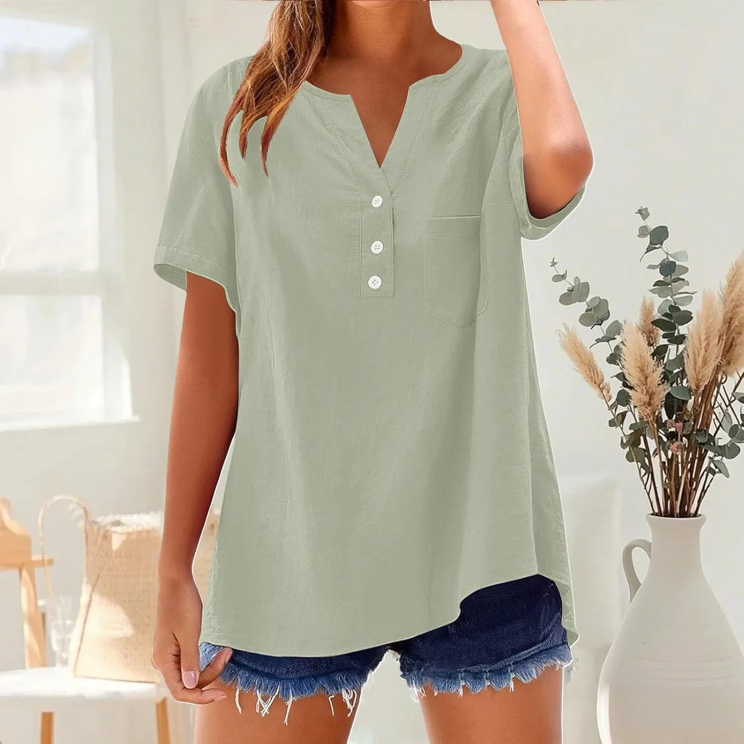 Linen Tops for Women 2025 Summer Trendy Short Sleeve Tshirts Workout Button Down Plus Size Cotton Linen Shirt