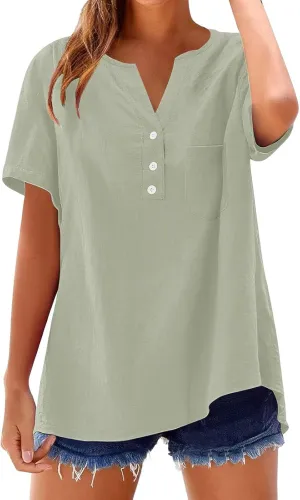Linen Tops for Women 2025 Summer Trendy Short Sleeve Tshirts Workout Button Down Plus Size Cotton Linen Shirt