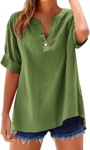 Linen Tops for Women Button Down V Neck Shirts Short Sleeve Dressy Casual Blouses Summer Work Tops Oversized Tshirts