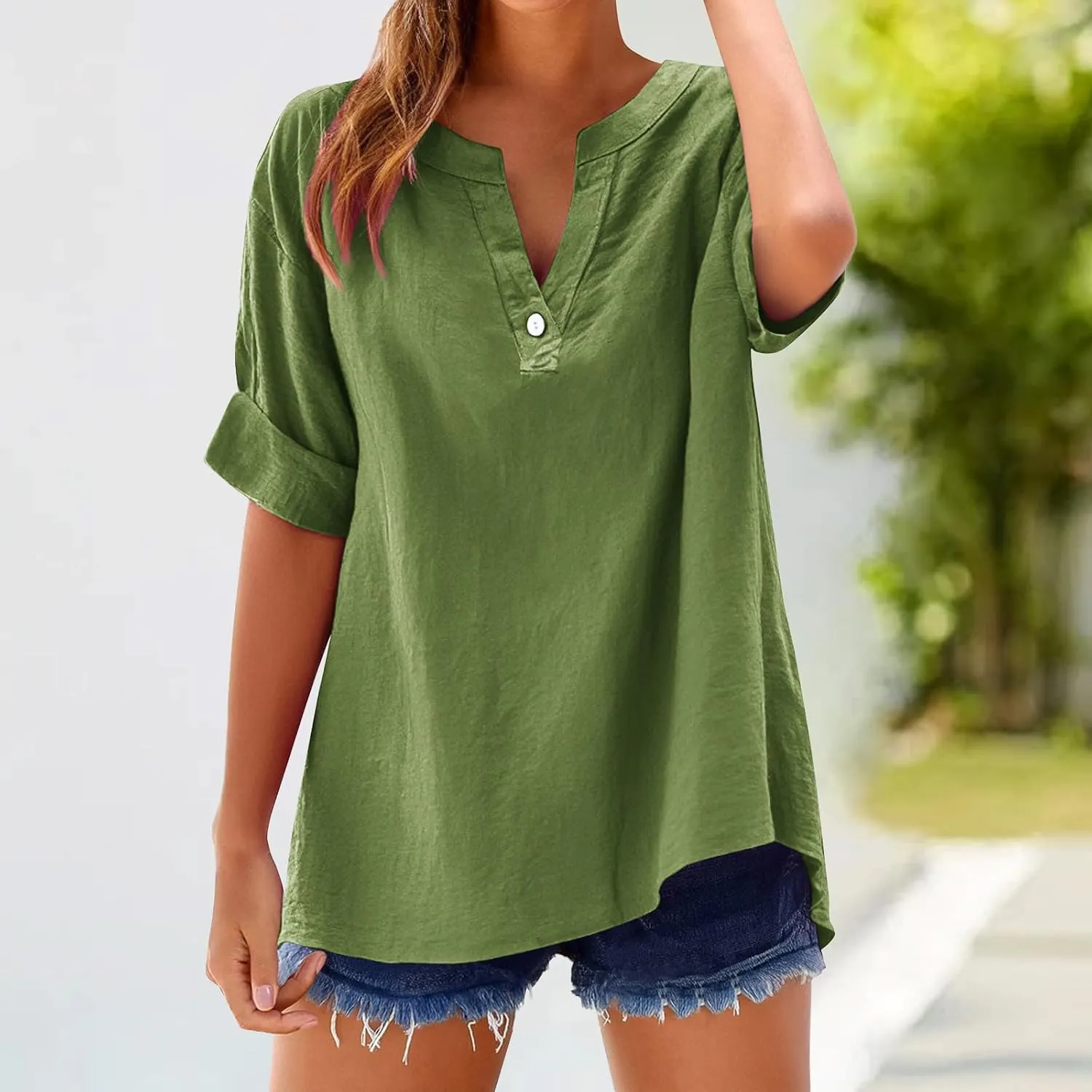 Linen Tops for Women Button Down V Neck Shirts Short Sleeve Dressy Casual Blouses Summer Work Tops Oversized Tshirts