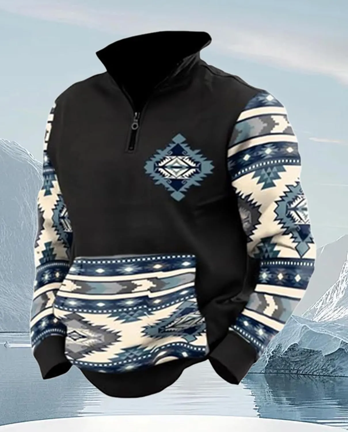 LOAIHA Men's Western Fleece Jacket Cowboy Bull Head Print Pullover 1/4 Zip Stand Collar Long Sleeve Country Sweatshirts
