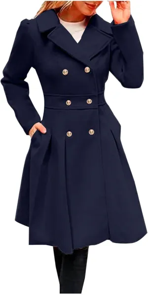 Long Coats for Women Double Breasted Slim Wool Coat Notch Collar Dress Coats 2024 Winter Overcoat with Pockets