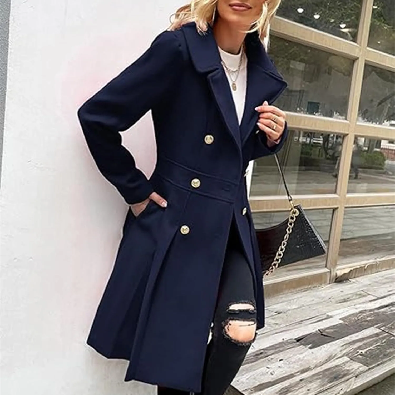 Long Coats for Women Double Breasted Slim Wool Coat Notch Collar Dress Coats 2024 Winter Overcoat with Pockets