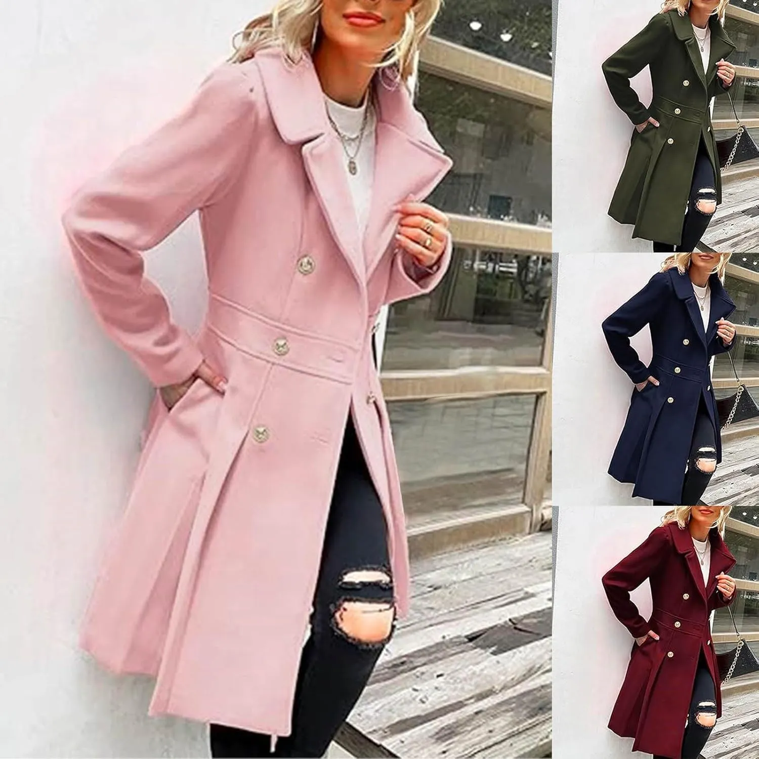 Long Coats for Women Double Breasted Slim Wool Coat Notch Collar Dress Coats 2024 Winter Overcoat with Pockets