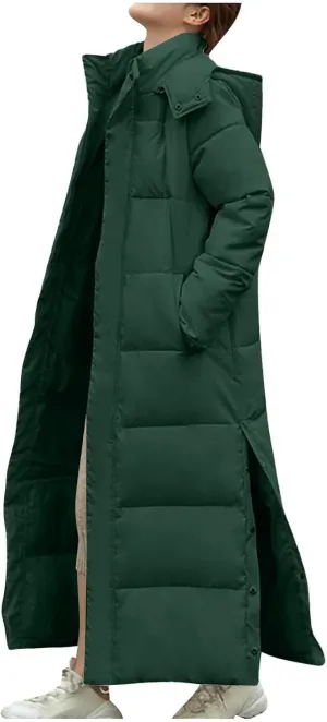 Long Puffer Jacket for Women Side Slit Hooded Puffer Jacket Oversized Zip Up Down Cotton Jacket 2024 Warm Winter Coat
