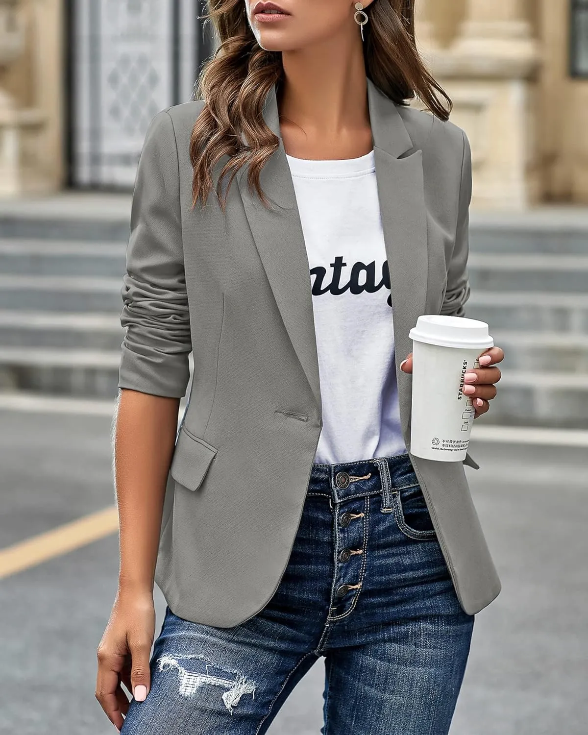 LookbookStore Womens Notched Lapel Pockets Button Work Office Blazer Jacket Suit