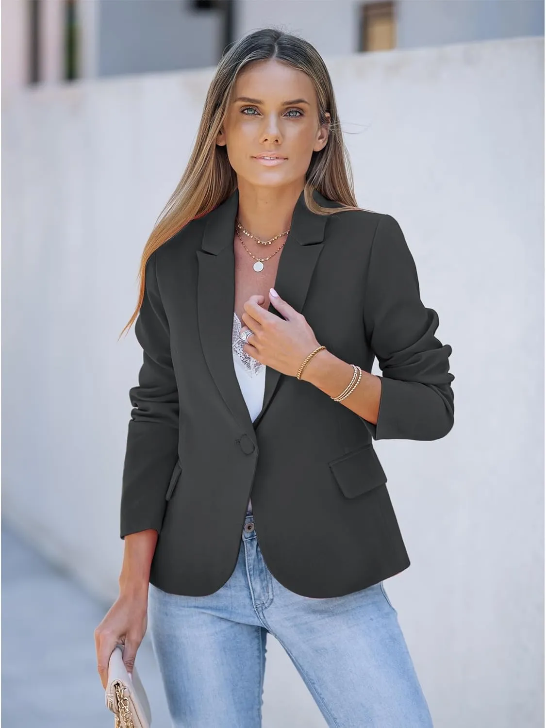 LookbookStore Womens Notched Lapel Pockets Button Work Office Blazer Jacket Suit