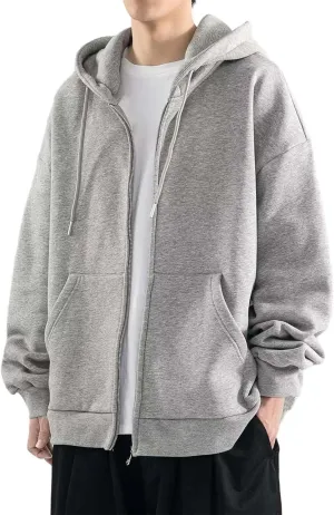 Men Full Zip Fleece Drawstring Hoodies Plain Basic Hooded Sweatshirt Workout Casual Solid Outerwear Jacket with Pockets